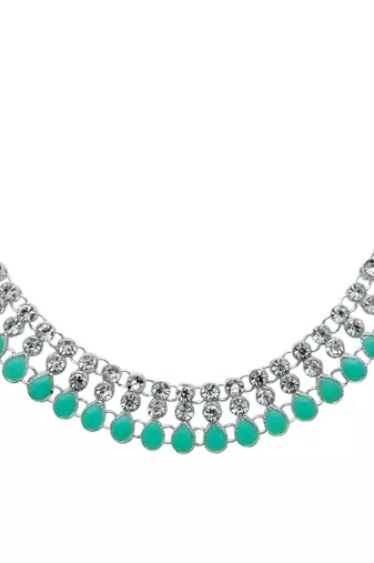 Pista color necklace set with earrings & maang tikka | kundan & agate stone | silver plating