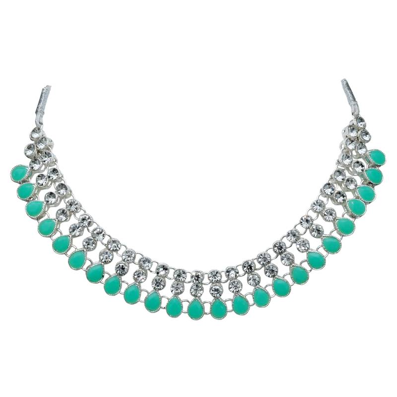 Pista color necklace set with earrings & maang tikka | kundan & agate stone | silver plating