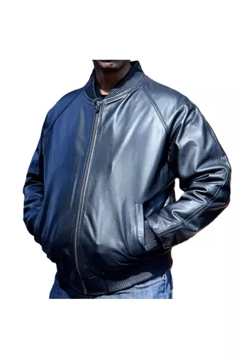 Men's navy blue genuine leather bomber premium finish jacket
