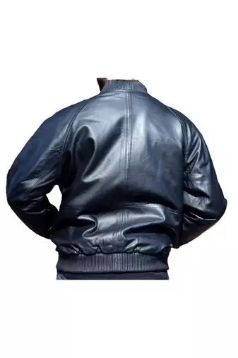 Men's navy blue genuine leather bomber premium finish jacket
