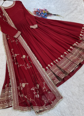 Maroon zari embroidered blooming gown with dupatta 4