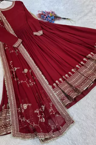 Maroon zari embroidered blooming gown with dupatta
