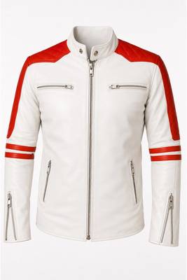 Men's cafe racer white leather fashion outerwear strip jacket 1