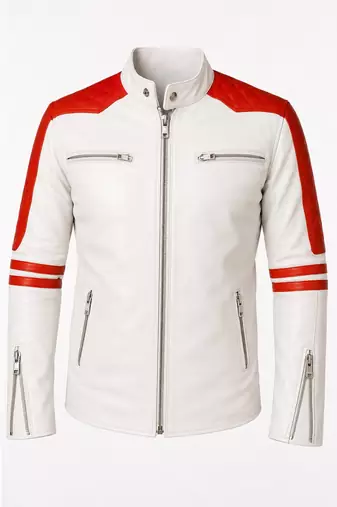 Men's cafe racer white leather fashion outerwear strip jacket