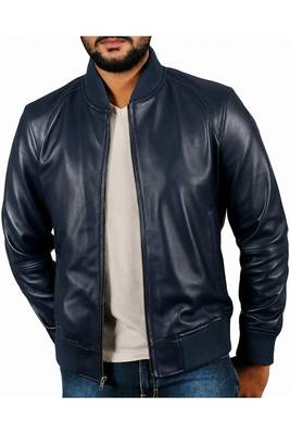 Men's navy blue genuine leather casual style bomber jacket 1