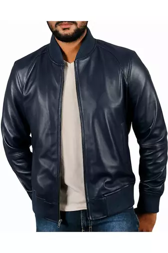Men's navy blue genuine leather casual style bomber jacket