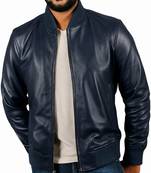 Men's navy blue genuine leather casual style bomber jacket