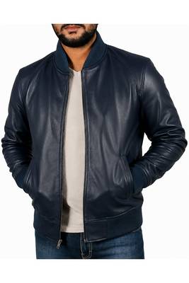 Men's navy blue genuine leather casual style bomber jacket 2