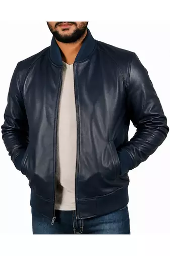 Men's navy blue genuine leather casual style bomber jacket