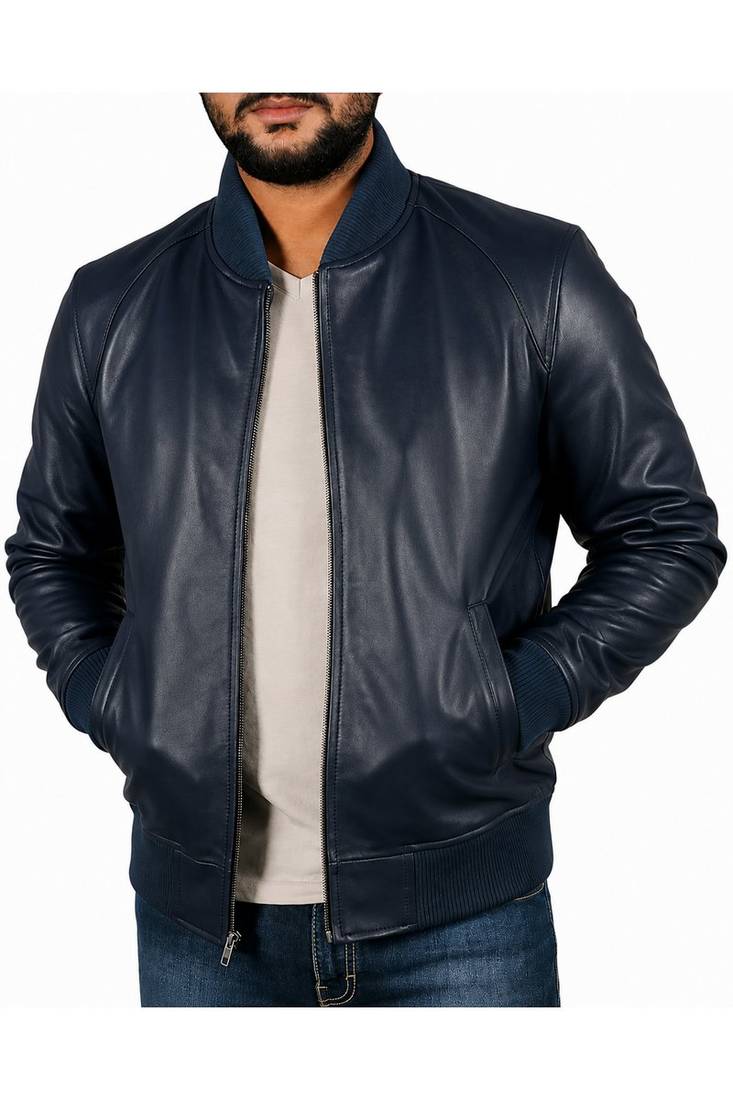 Men's navy blue genuine leather casual style bomber jacket