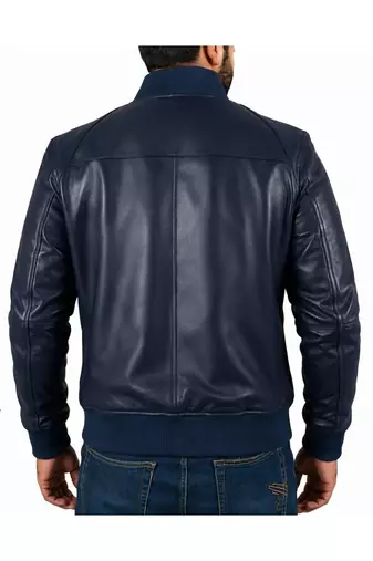 Men's navy blue genuine leather casual style bomber jacket