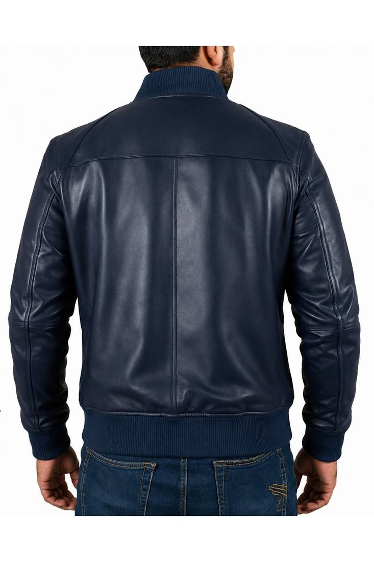 Men's navy blue genuine leather casual style bomber jacket