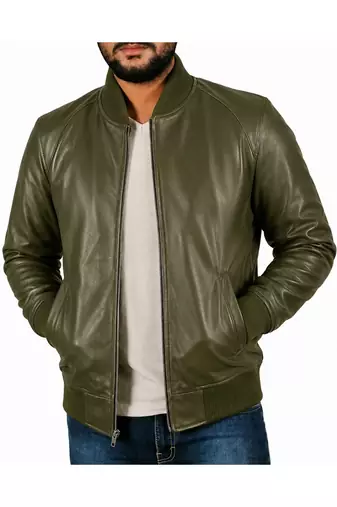Men's genuine leather casual style olive green bomber jacket