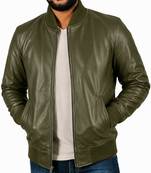Men's genuine leather casual style olive green bomber jacket