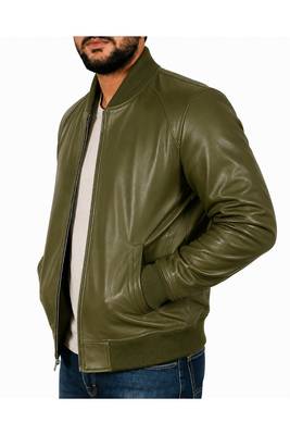 Men's genuine leather casual style olive green bomber jacket 2