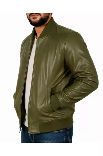 Men's genuine leather casual style olive green bomber jacket