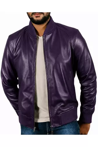 Men's purple leather casual style bomber biker jacket
