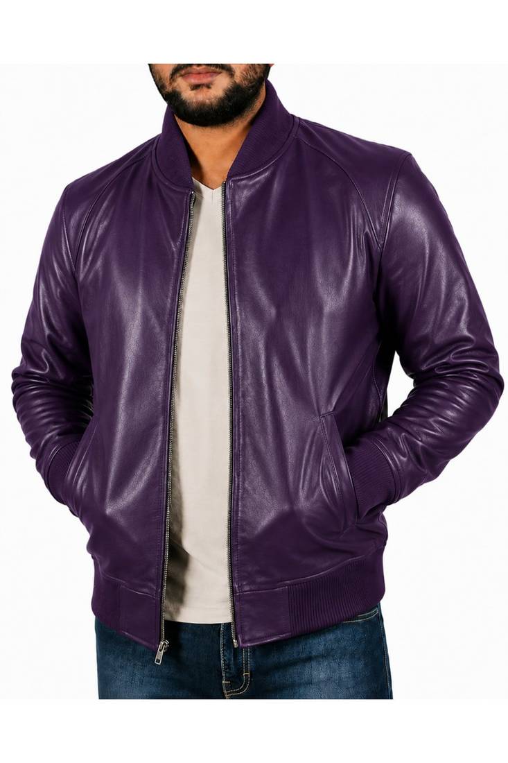 Men's purple leather casual style bomber biker jacket
