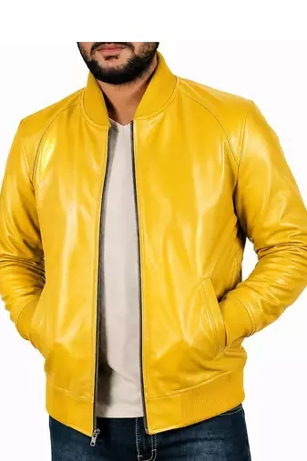 Men's yellow genuine leather casual style bomber biker jacket