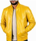 Men's yellow genuine leather casual style bomber biker jacket