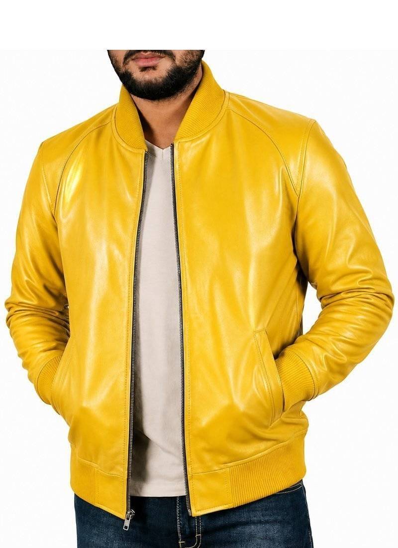 Men's yellow genuine leather casual style bomber biker jacket