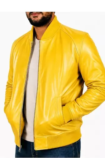 Men's yellow genuine leather casual style bomber biker jacket