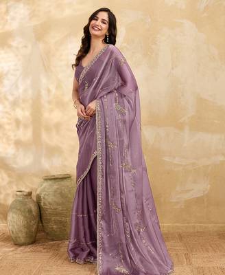 Purple Silk Blend Beads Embroidery With Sequence Work Saree with Unstitch Blouse Piece For Women 6