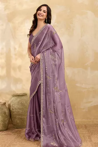 Purple Silk Blend Beads Embroidery With Sequence Work Saree with Unstitch Blouse Piece For Women