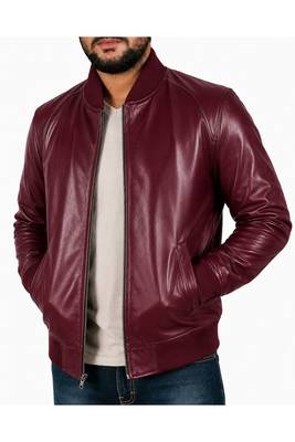 Men's real genuine burgundy leather casual style bomber biker jacket 1