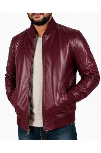 Men's real genuine burgundy leather casual style bomber biker jacket