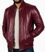Men's real genuine burgundy leather casual style bomber biker jacket