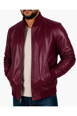 Men's real genuine burgundy leather casual style bomber biker jacket 2