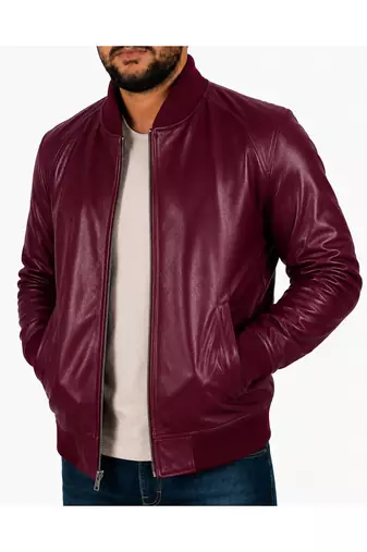 Men's real genuine burgundy leather casual style bomber biker jacket