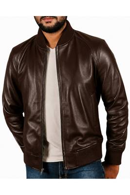 Men's real genuine brown leather casual style bomber jacket 1