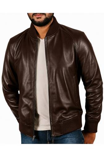 Men's real genuine brown leather casual style bomber jacket