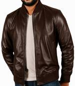 Men's real genuine brown leather casual style bomber jacket