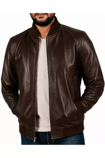 Men's real genuine brown leather casual style bomber jacket