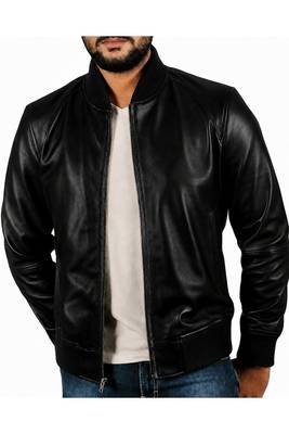Men's black real genuine leather casual style bomber jacket 1