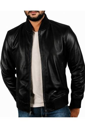 Men's black real genuine leather casual style bomber jacket
