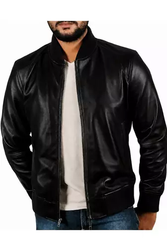 Men's black real genuine leather casual style bomber jacket