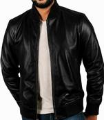 Men's black real genuine leather casual style bomber jacket