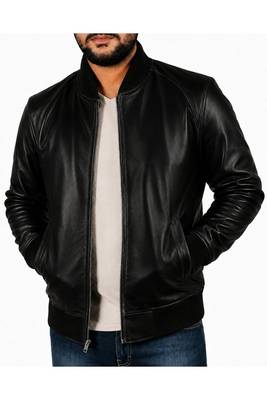 Men's black real genuine leather casual style bomber jacket 2