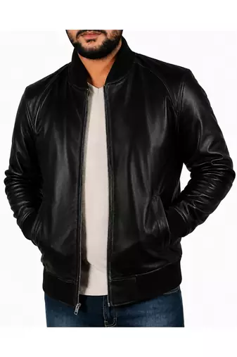 Men's black real genuine leather casual style bomber jacket