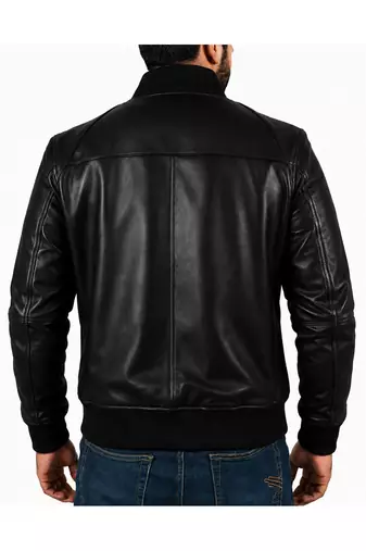 Men's black real genuine leather casual style bomber jacket