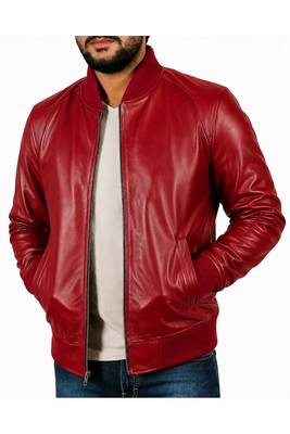 Men's red leather real genuine casual style bomber jacket 1