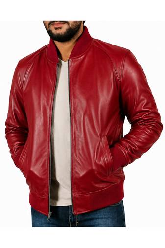 Men's red leather real genuine casual style bomber jacket