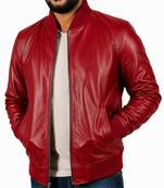 Men's red leather real genuine casual style bomber jacket