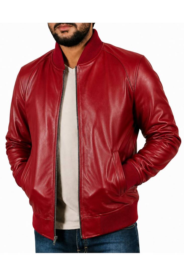 Men's red leather real genuine casual style bomber jacket
