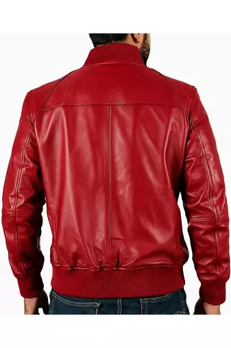 Men's red leather real genuine casual style bomber jacket