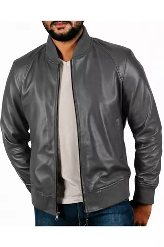 Men's grey leather genuine lambskin casual style bomber jacket
